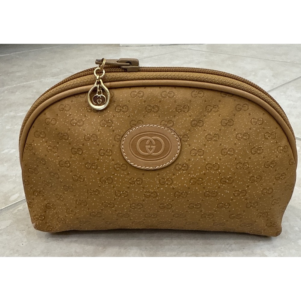 Vintage GUCCI GG Logo Canvas‎ Leather Cosmetic Pouch Bag Beige Brown Micro Logo